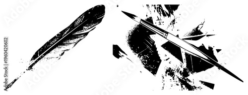Black and white vector illustration of a brush and quill pen, artistic tools for writing and painting, ink splatter effects, creative design elements.