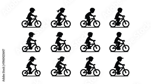 Collection of black silhouette bicycle riders in various poses on white background for design and decoration