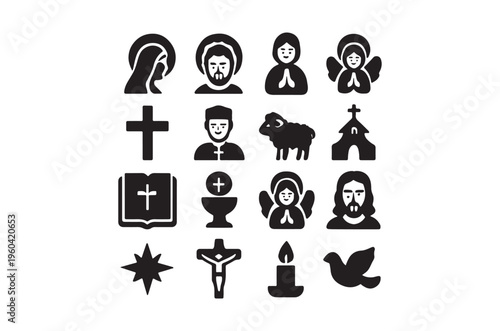Black silhouettes depicting religious icons and symbols of christianity