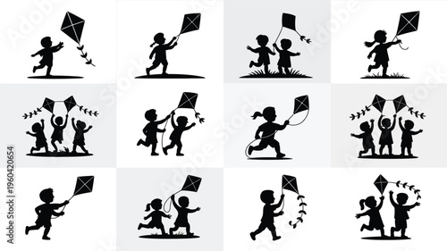 Collection of black silhouettes of children playing with kites in various poses and movements on white background