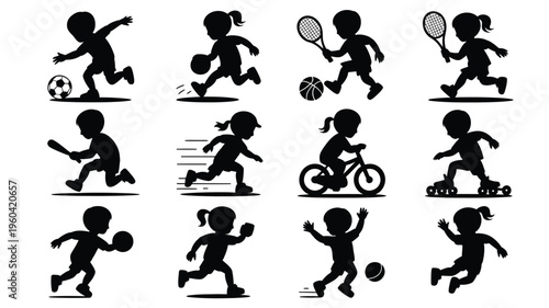 Children engaging in various sports and leisure activities in black silhouette vector illustrations