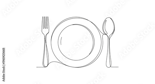 Minimalist single line drawing of a plate, fork and spoon, representing dining or a meal.