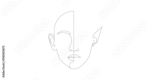 Minimalist Single Line Drawing of a Split Face, Half Human, Half Fantasy Elf