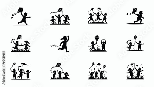 Collection of black silhouette icons featuring children playing with kites in various joyful outdoor scenes