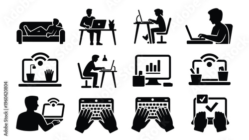 Vector illustration of people working remotely from home or office with laptops and computers in various settings