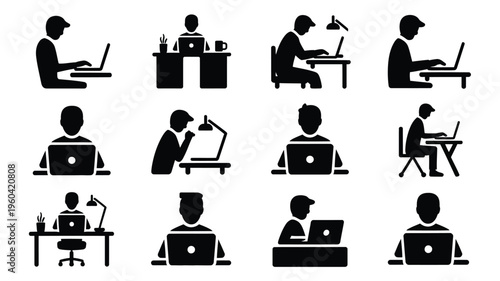 Silhouette of people working from home on laptops and desktops in various office settings with lamps and furniture