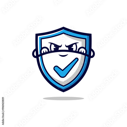Shield with smiling face and glasses.