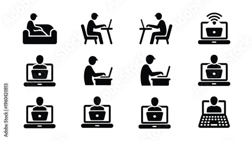 Vector icons of people working remotely on laptops in various settings and positions