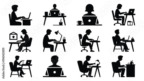 Silhouette of people working from home on laptops and desktops in various office settings and positions
