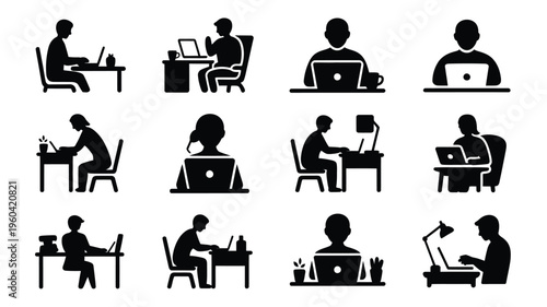 People working from home on laptops in various positions and settings in black silhouette