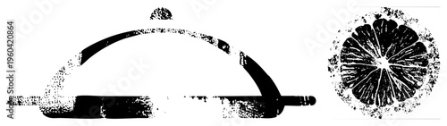 Classic food serving tray with domed lid, halftone texture, citrus section graphic, retro kitchenware, black and white vector art.