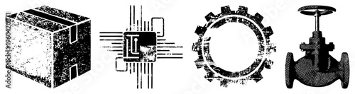 Vector of industrial gear, valve, microchip, and box with halftone texture, technical engineering symbols, mechanical design elements.