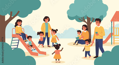 People enjoying outdoor playground with children and adults playing together happily