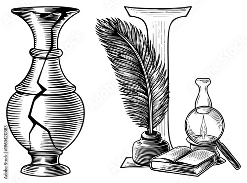 Antique quill pen resting in inkwell beside open book and hourglass, classic scholarly tools, vintage stationery, historical study setup, illustration.