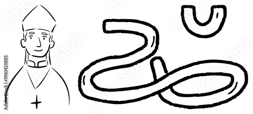 Cleric figure in religious attire with emblem, stylized serpent coil and U shape motif, minimalist art, spiritual, sacred symbol.