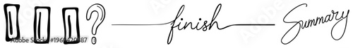 Set of stylized letterforms, question mark, and cursive words “finish” and “Summary,” minimalist vector design, graphic typography, clean, conceptual layout.
