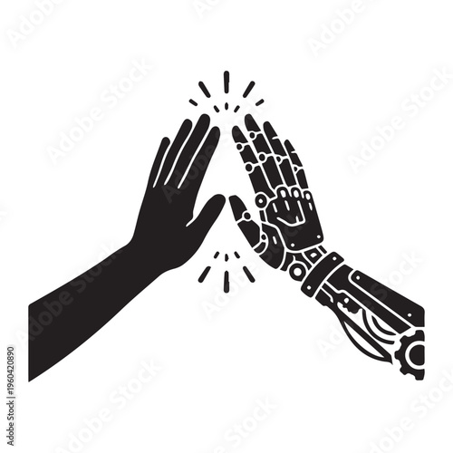 Human and Bionic hand High-Five Icon Silhouette vector black design on a white background
