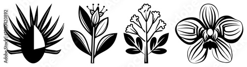 Stylized vector designs including spiky leaf, crown flower, clustered blooms, and orchid, rendered in bold black, ideal for logos or graphic design projects.