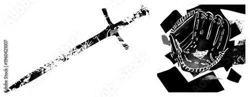 Weathered sword with ornate hilt and baseball glove with lacing, rendered in gritty halftone style, ideal for sports or themes, isolated vector graphic.