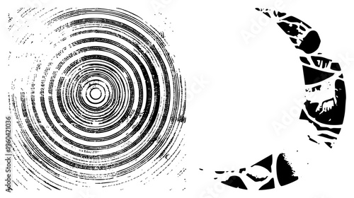 Black and white vector art with concentric spiral and shattered mask silhouette, minimalist design, graphic illustration, isolated foreground elements.