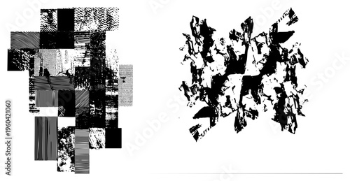 Geometric collage of distorted textures, halftone dots, and striped, abstract digital art, glitch aesthetic, vector composition.