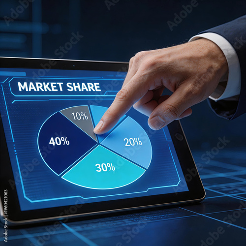 Businessman's hand points at a digital market share pie chart on a tablet, symbolizing business analysis, financial data, and market strategy.