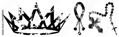 Distressed black vector crown, ribbon, rosary beads. Graphic elements with textured wear, symbolic religious and motifs. Flat design with distressed overlay.