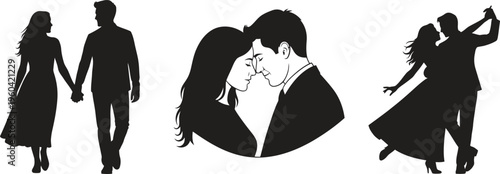 Collection of romantic couple silhouettes depicting walking intimacy and dancing perfect for love and relationship-themed designs