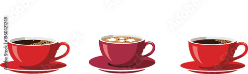 Coffee Cup Illustration Set Featuring Hot Beverage Espresso Cappuccino and Black Coffee in Red Cups with Saucer Flat Vector Design