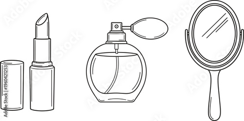 Set of outline vector illustrations featuring lipstick perfume and a hand mirror perfect for beauty fashion or personal care designs