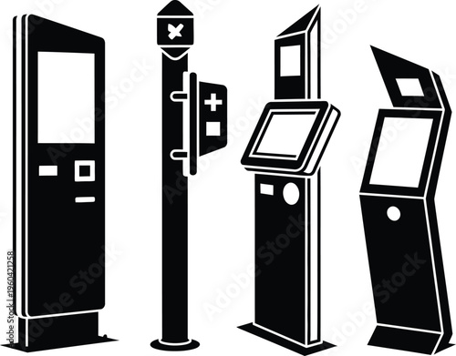 Set of Self Service Kiosk Terminal Vector Illustrations Information Stands and Interactive Machines