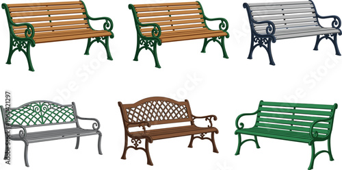 Classic park bench collection illustration, wooden and metal outdoor seating designs, vintage ornamental style, garden furniture set isolated on white