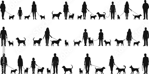Dog walking silhouettes, people with pets, adults and children, multiple breeds, outdoor activity, companionship, lifestyle, exercise, community, animal care illustration