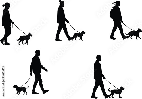 Dog walking silhouette vector set, people with pets on leash, outdoor activity lifestyle illustration collectionDog walking silhouette 