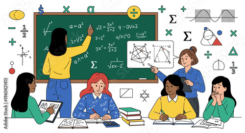 A teacher explains math concepts to students in a classroom setting with equations on the board and various geometric shapes around them.