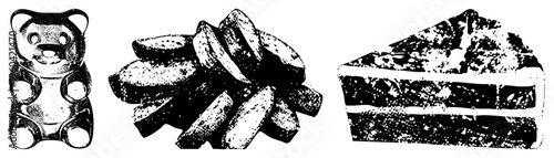 Cartoonish gummy bear candy, crispy french fries, layered cake dessert, halftone style, isolated food, vector graphic, dessert snack.