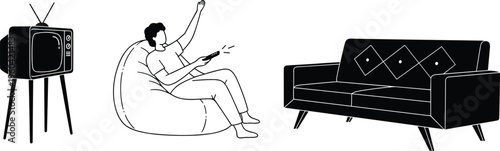 Man watching television on bean bag with vintage TV and modern sofa, home entertainment lifestyle illustration, living room interior concept