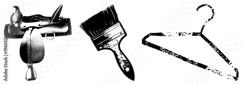 Classic equestrian saddle, artist’s paintbrush, metal clothes hanger, stylized vector, halftone texture, isolated foreground objects.