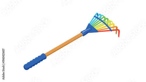 Handheld garden rake with rainbow colored tines and a blue handle rests on a white background, representing gardening and yard work.