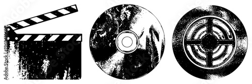 Film production clapperboard, scratched compact disc, circular fan grille, retro symbols, black and white vector, stylized textures.