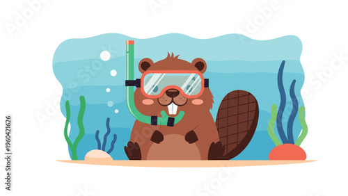Cute brown beaver wearing a snorkel mask and breathing tube dives underwater among sea plants and bubbles in a blue ocean environment.