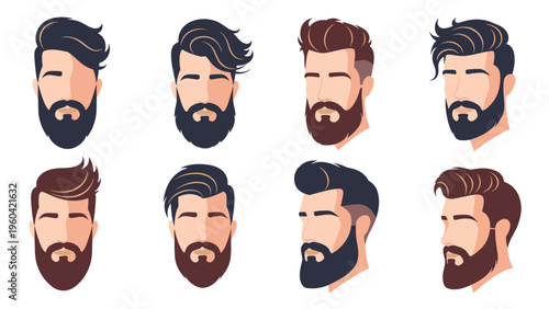 Comprehensive set of various men hairstyle and beard combinations shows different modern looks and grooming styles for fashion inspiration.