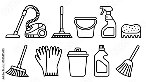 Cleaning tools outline icon vector set, housekeeping and sanitation equipment symbols for hygiene, janitorial services, home cleaning, and maintenance design