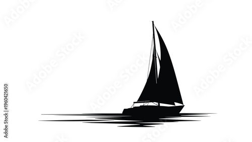 Black silhouette of a sailboat with its sails full of wind glides across a calm sea under a clear sky in a minimalist composition.