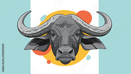 Detailed illustration of a Cape buffalo head with large curved horns is centered against a background of orange and blue abstract shapes.