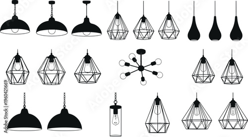 Modern pendant light collection, industrial and minimalist hanging lamps set, geometric wire and classic designs, interior lighting fixtures illustration isolated