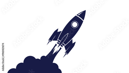 Dark blue silhouette of a space rocket launching into the air with a large cloud of smoke underneath represents travel and success.