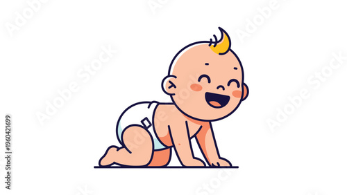 Adorable baby wearing a diaper crawls happily with a wide smile on its face, representing childhood, growth, and pure happiness.