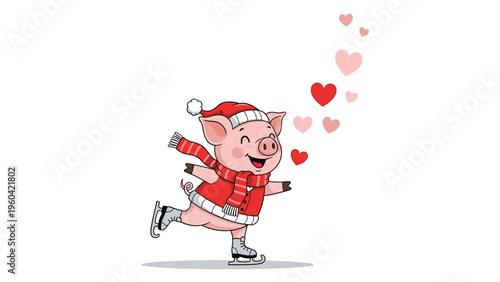 Cheerful pink pig wearing a red sweater and scarf skates happily on ice while leaving a trail of floating hearts behind it.