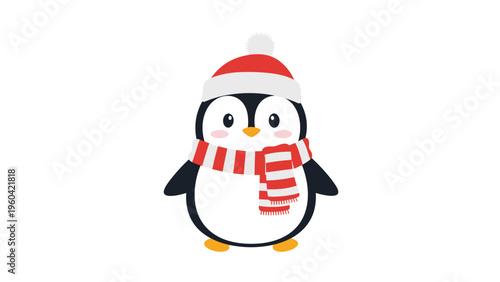 Adorable little penguin wearing a red and white striped scarf and a matching winter hat stands ready for the cold snowy season.